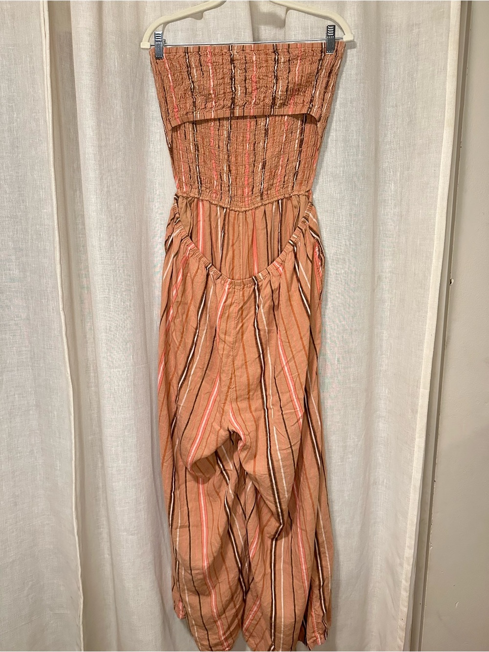 aerie XL Boho Strapless Smocked Wide-Leg Striped Linen Blend Jumpsuit Vacation - Picture 6 of 10